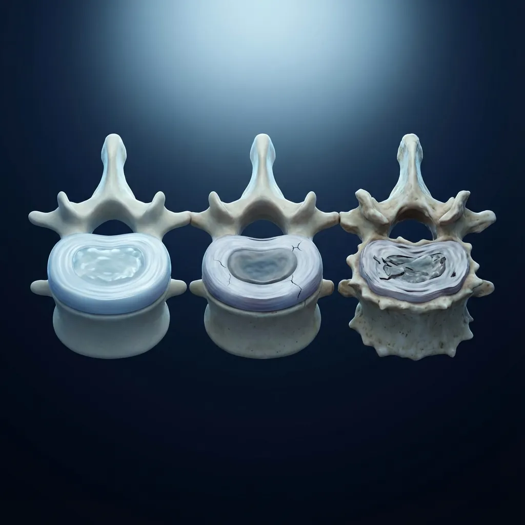 Spinal disc health spectrum showing progression from healthy to degenerated