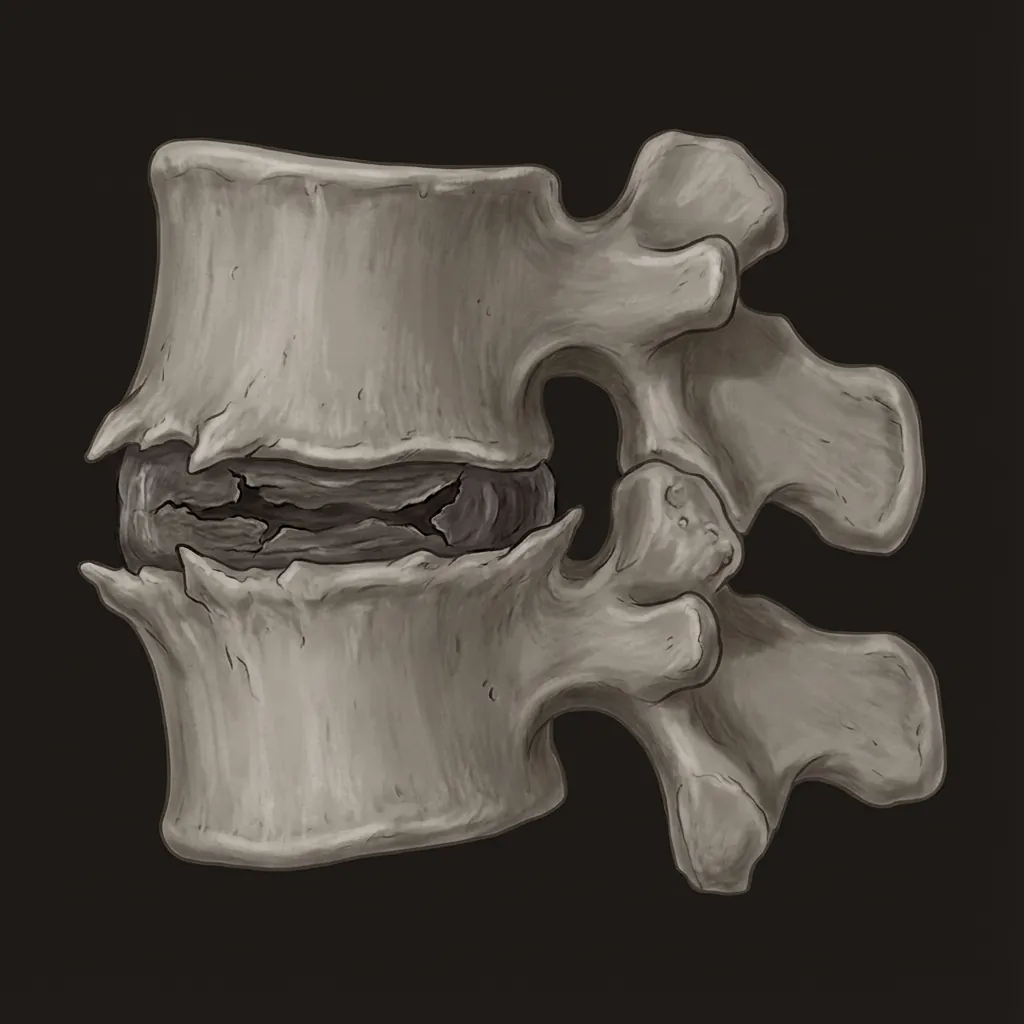 The Collapse - Severe Degeneration: Severe height loss, large bone spurs, stenosis of nerve passages.